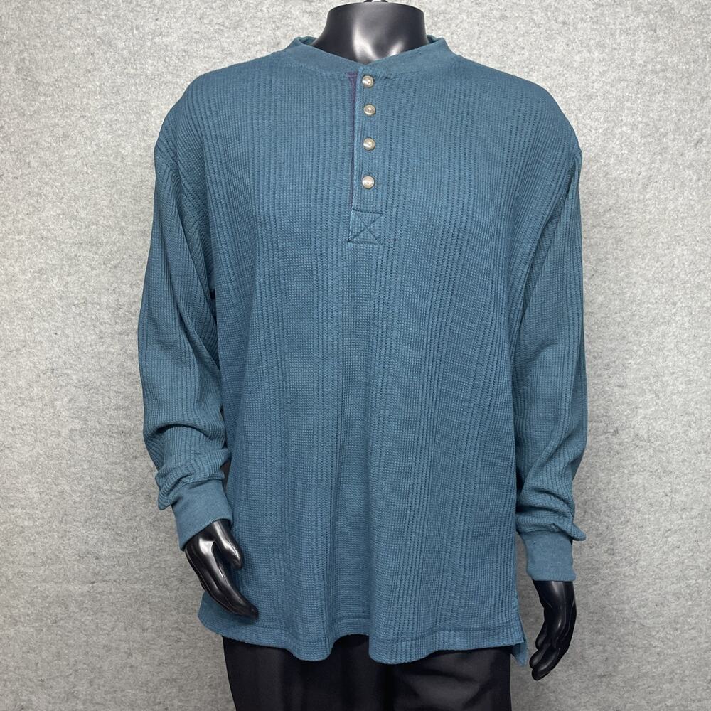 Vtg 90s Y2K AZ Sport Men's Large Henley Dark Teal 1/4 Button Long Slv Minimalist